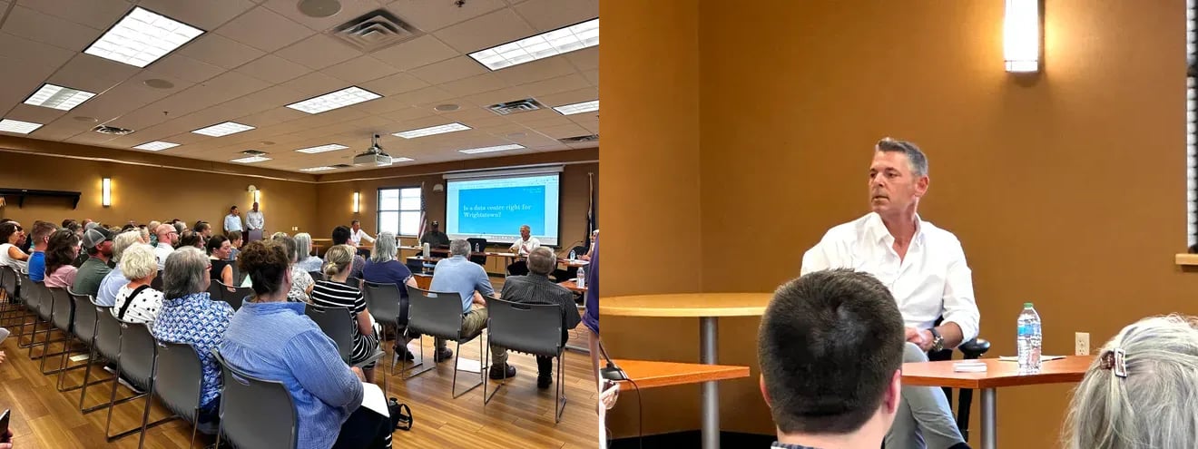 Side-by-side photographs from a Wrightstown, Wisconsin community meeting on Cloverleaf Infrastructure's data-center proposal. On the left, a packed meeting room of seated residents facing a projector screen that reads 'Is a data center right for Wrightstown?'. On the right, a Cloverleaf executive in a white shirt sits at a small table addressing residents, with the backs of attendees' heads visible in the foreground.
