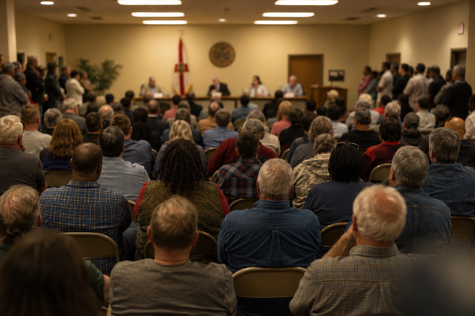 A packed small-town public meeting room — folding chairs in rows, every chair full, more people standing along the back wall and in the side aisles. The audience is shown only from behind.