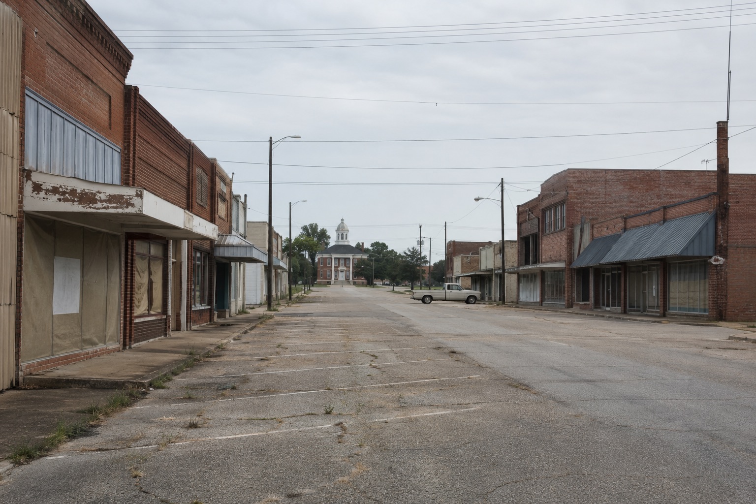 An empty rural Alabama Black Belt main street, looking down a cracked-asphalt road toward a courthouse silhouette in the distance, weathered brick storefronts on both sides.
