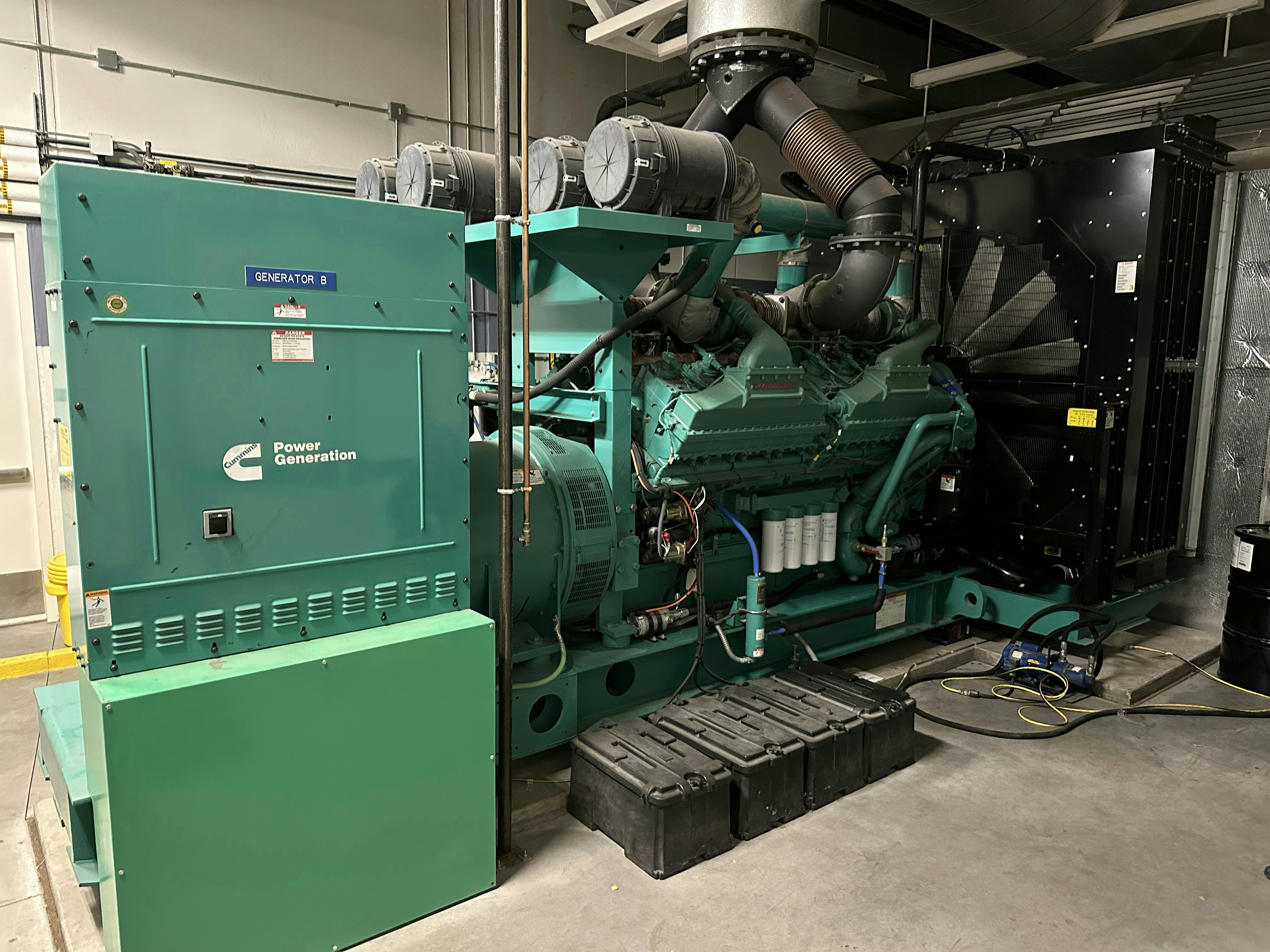 An industrial diesel backup generator at a data center.