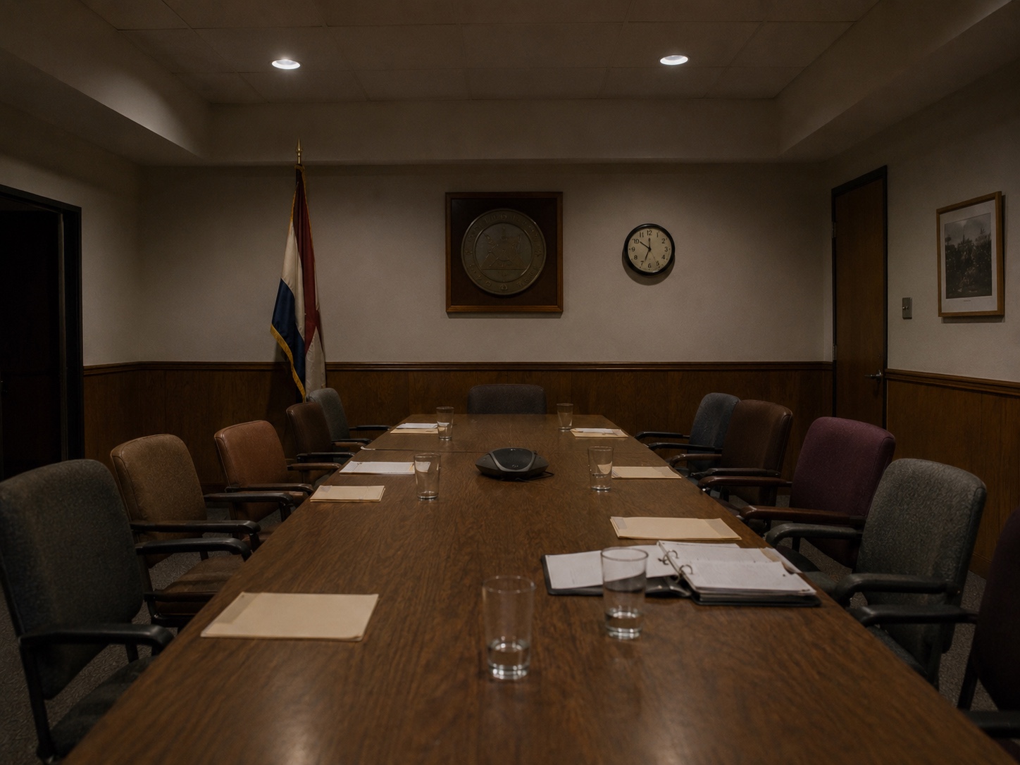 A dimly lit rural Alabama government boardroom after a meeting — long wood-veneer table, varied office chairs, half-empty water glasses, scattered manila folders, an open binder, a state flag and county-seal-style plaque on the wall, a wall clock showing late evening.