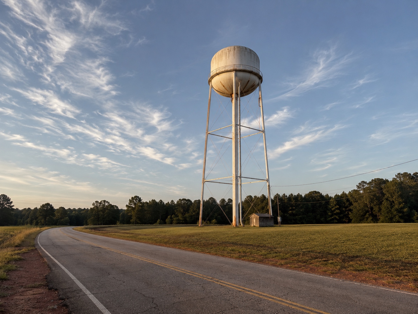 A weathered white community water tower on steel lattice frame stands in a clearing of mowed pasture along a curving country road in rural Alabama at golden hour.