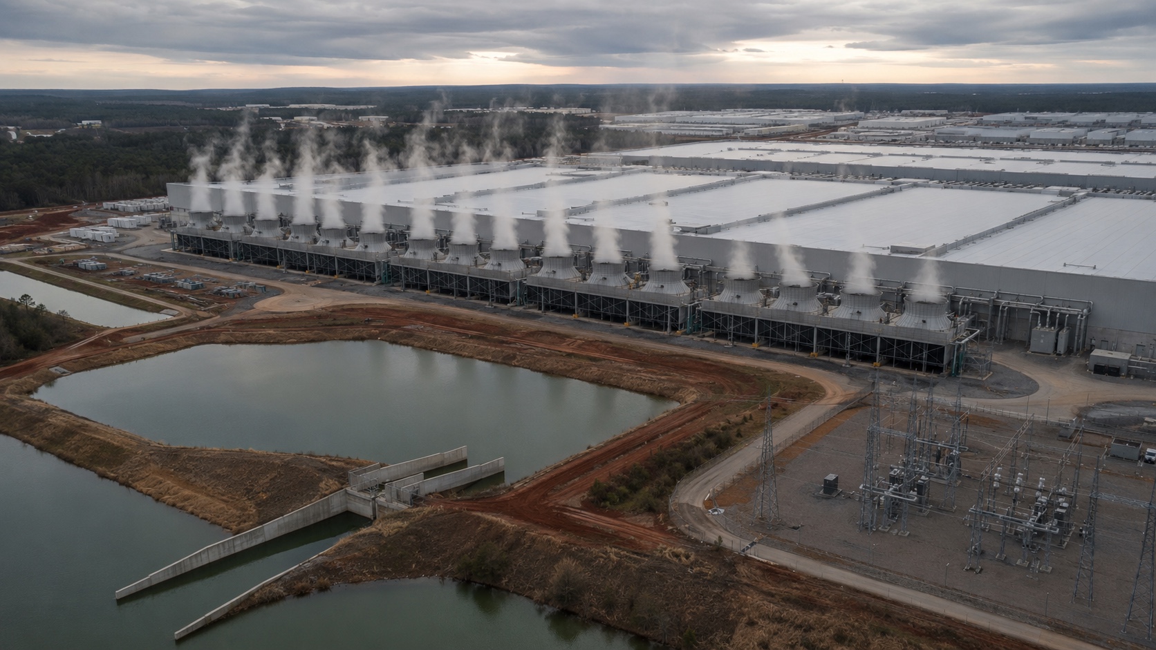 Aerial of a hyperscale data center campus showing rows of evaporative cooling towers exhausting steam, large stormwater retention ponds in the foreground, and the on-site electrical substation.