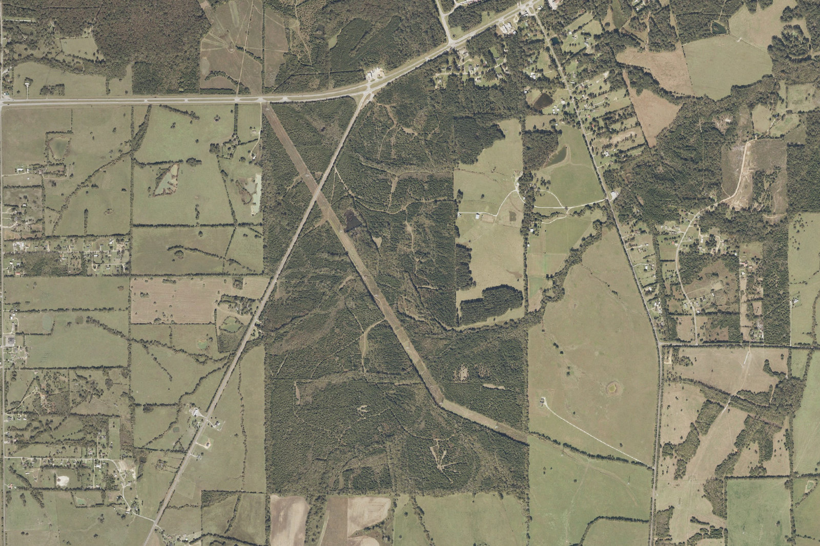 USGS aerial of Black Belt timber and farmland mosaic in northeast Lowndes County, just east of the proposed Project Red Clay parcel.